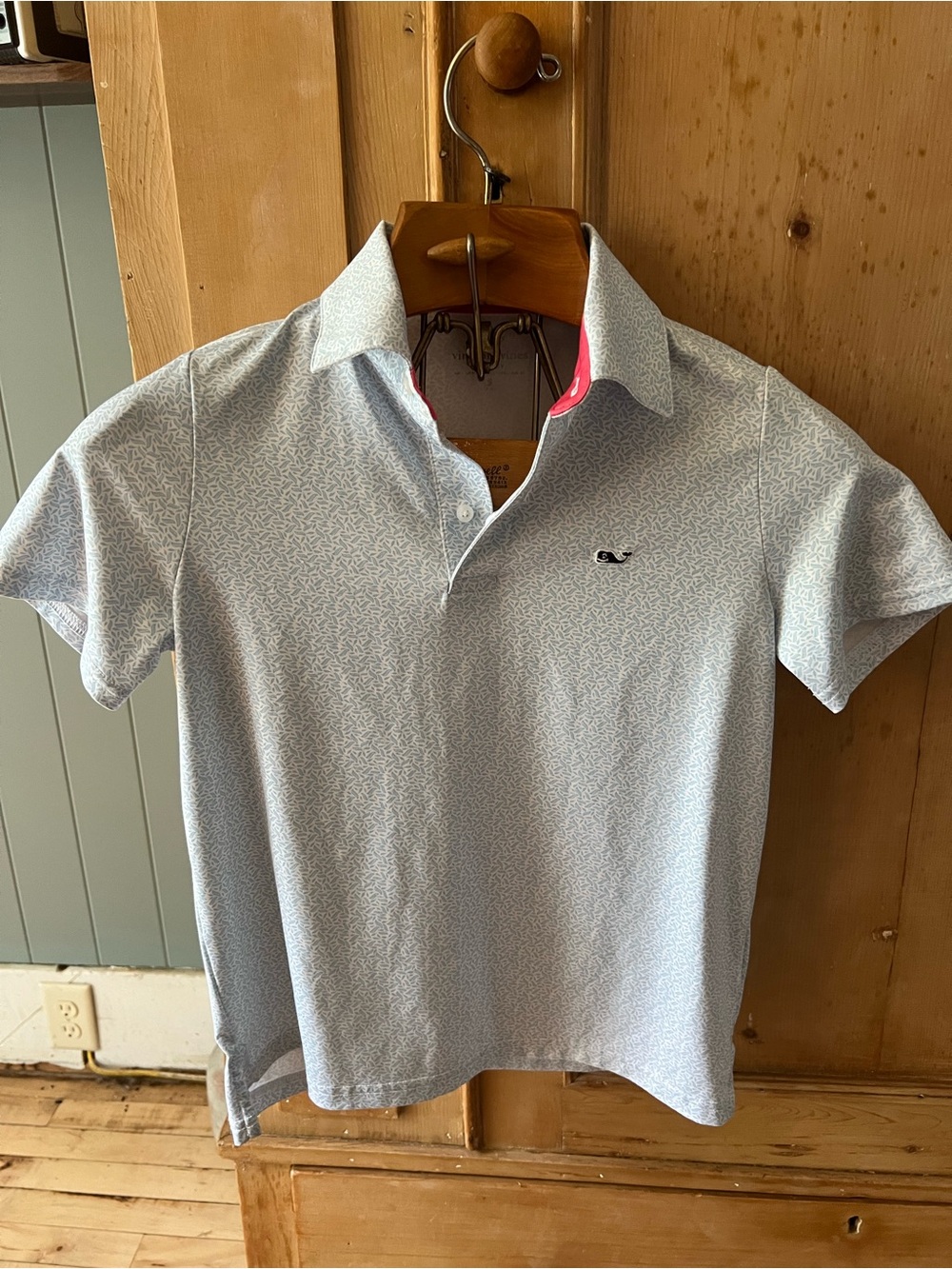 Vineyard Vines Boys Light Blue Micro-Pattern Polo with Pink Trim
